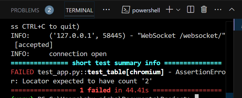 image showing the test result fails for the python shiny application